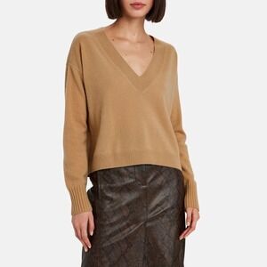 Intermix Elroy 100% Cashmere V-Neck Sweater Camel Tan Size S Long Sleeve Ribbed